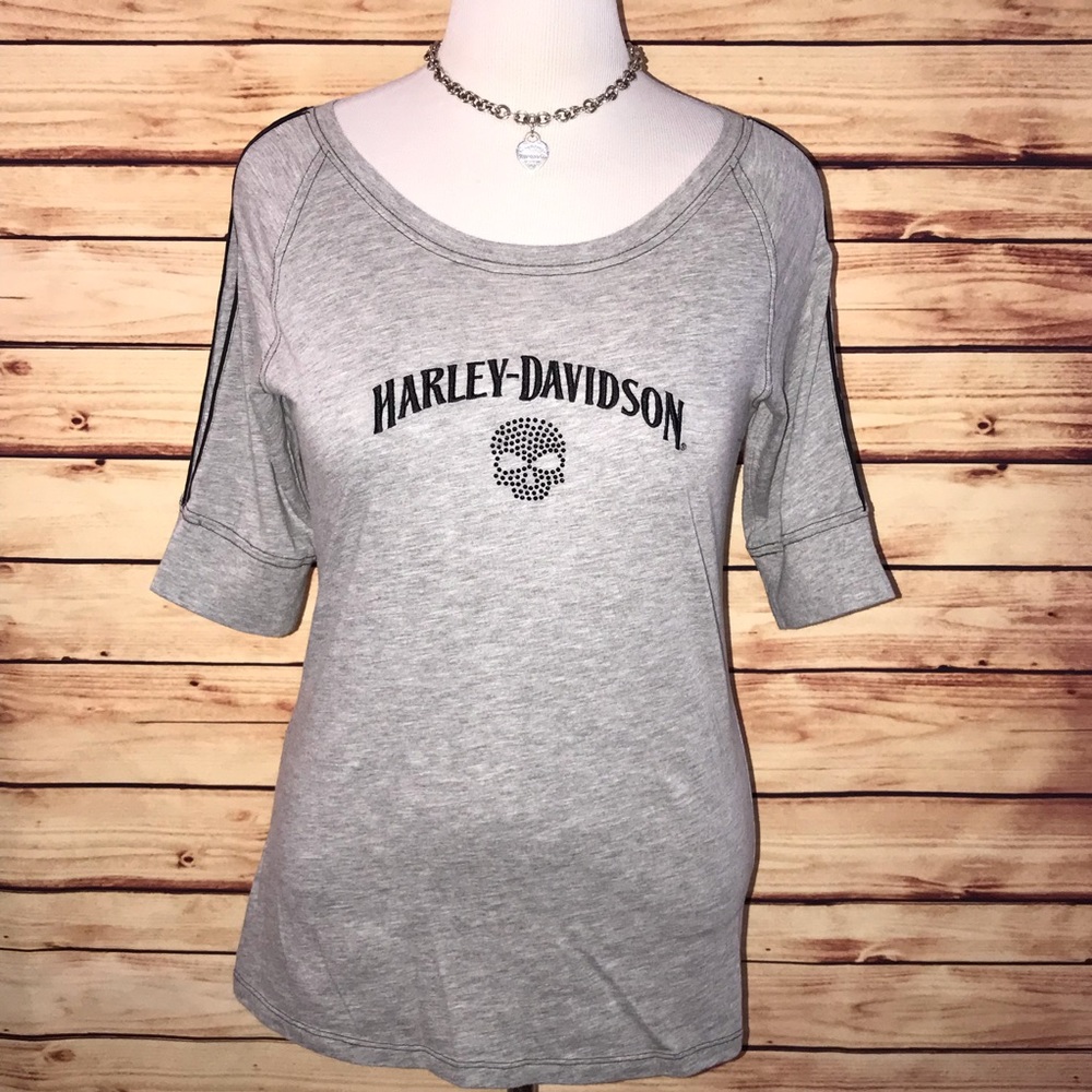 🚫SOLD🚫 Harley Davidson Gray/Black Beaded Skull T - Picture 1 of 7